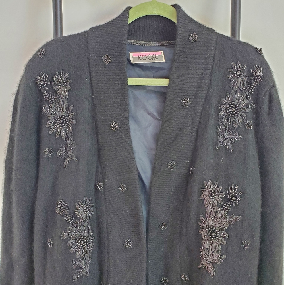 Vintage 90s Kocal Angora blend black beaded open front cardigan sweater grunge